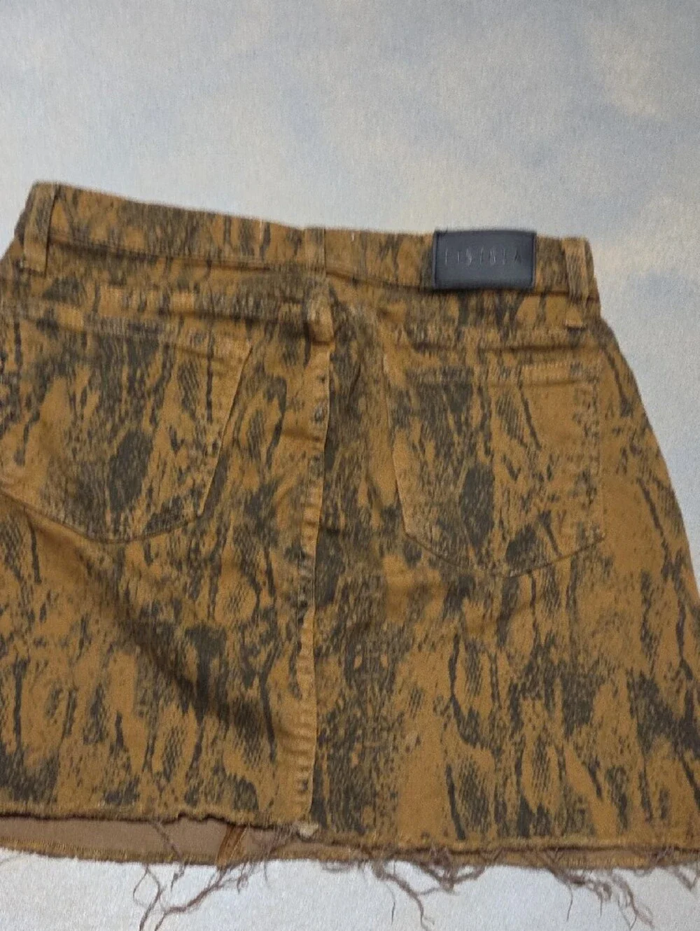 pistola brown mustard snake print denim mini skirt with frayed hem